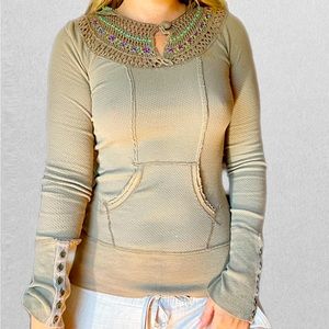 Vintage Free People sweater with crochet details and hood